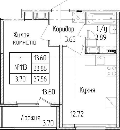 1-комнатная квартира 33.86 м², 4/4 эт., ЖК «Любоград в Стрельне»